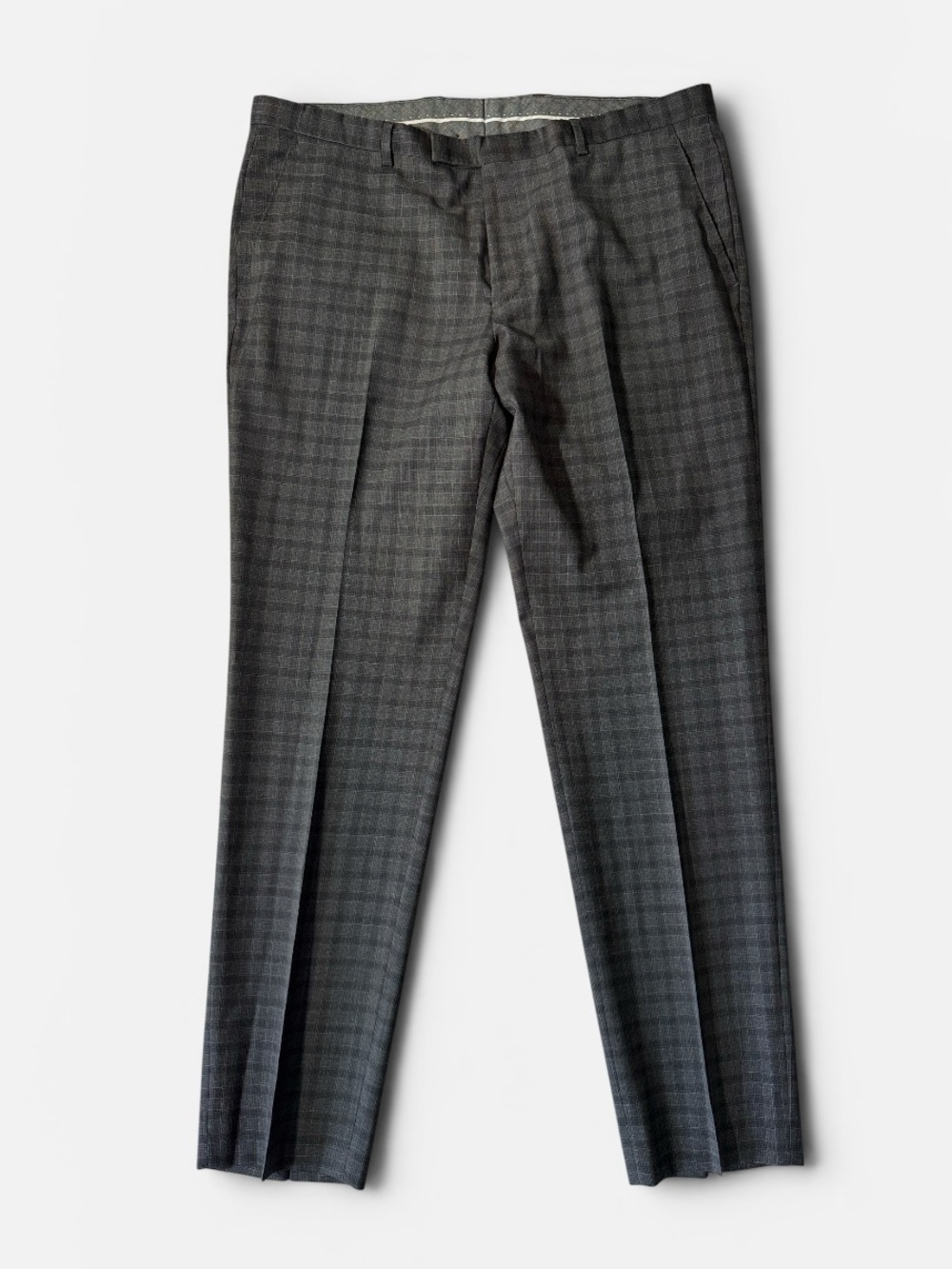Hugo Boss mens 38x33 grey check plaid slim fit 100% wool dress pants EUC